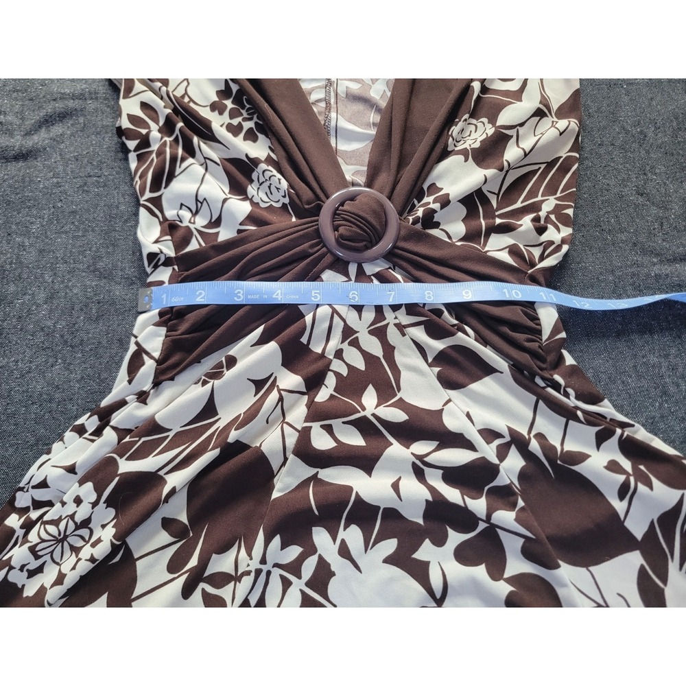 Vintage 90s Y2K Brown White Floral Dress La Belle Stretch Tropical S V Neck - Picture 9 of 12
